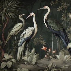 Chinoiserie Jungle Paradise Wallpaper features a crane seamless pattern © Wipada