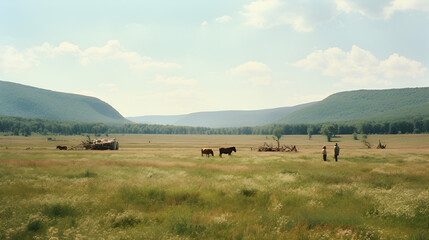 a beautiful empty meadow in the catskills, farm workers and covered wagons in the background