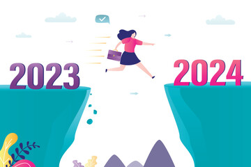 Female employee or businesswoman jumping from cliff to other side. concept of change from 2023 to 2024 year. moving forward, goals, hopes, overcoming obstacles and problems.
