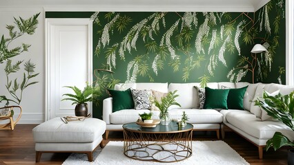 wall printed with colorful green white leaves with sofa and cushions modern living room