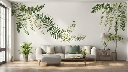 beauty of nature indoors with botanical wall decals. Elegant ferns, blossoming flowers on the wall house interior - obrazy, fototapety, plakaty