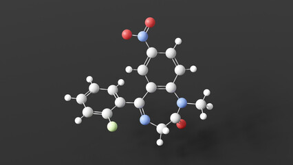 flunitrazepam molecular structure, benzodiazepine, ball and stick 3d model, structural chemical formula with colored atoms