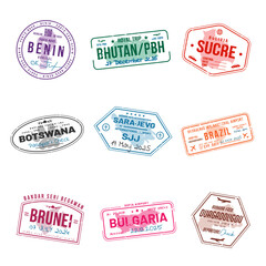 Set of travel visa stamps for passports. Abstract international and immigration office stamps. Arrival and departure customs visa stamps to country. Vector