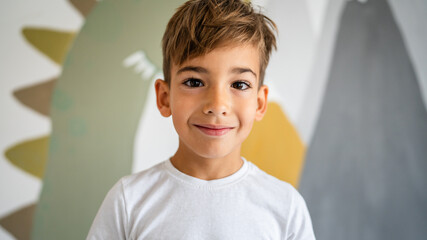 One boy caucasian child seven years old kid at home bright portrait