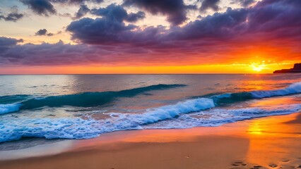 sunset at the beach colorful image and waves are rising in the sea
