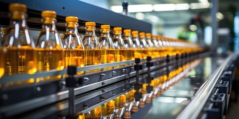 drink product on conveyor belt, automatic production, Generative AI