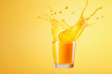 Glass of freshly squeezed orange juice with liquid splashes on orange background, copy space - obrazy, fototapety, plakaty
