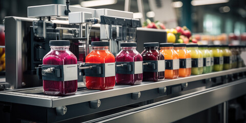 Modern production line for bottling and packaging natural juices and drinks. Concept of an industrial juice bottling plant, conveyor with juice. - obrazy, fototapety, plakaty