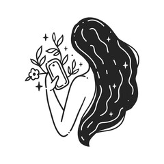 Girl with a phone in her hand. Online support. Feminine vector Illustrations. Self care, love yourself. Girl Doodle style