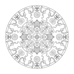 Christmas mandala. Fancy heart, Christmas Tree, Lollipop, Heart lollipop and Candy cane. Coloring page.
