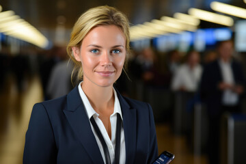A woman in a suit stands at an airport.