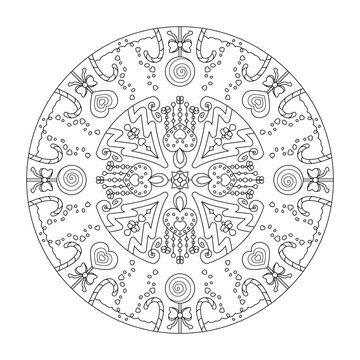 Christmas mandala. Fancy heart, Christmas Tree, Lollipop, Heart lollipop and Candy cane. Coloring page.