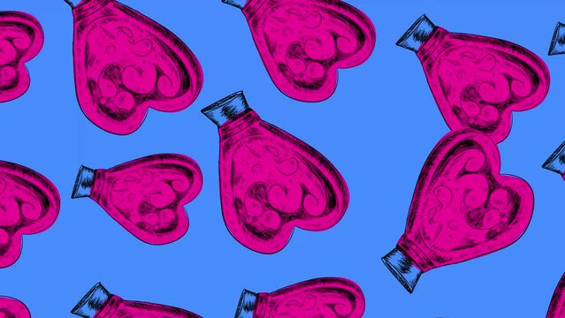 Rotating love potions on a black screen. Looping sketch background with a heart-shaped drink in 4K. Stock animation for Valentine's day with space for text.