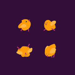 Vector illustration of a small silly yellow chicks. Bird character design in hand-drawn style. Simple funny chicken. Goofy birds having fun