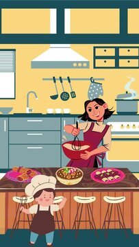 A vertical social media animation short video reel of a mother cooking for her lovely child, who is playing around in the kitchen,