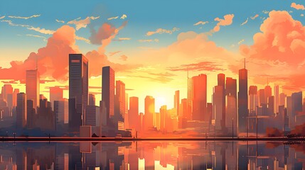 Obraz premium Sunset over city skyline painting with vibrant orange hues.