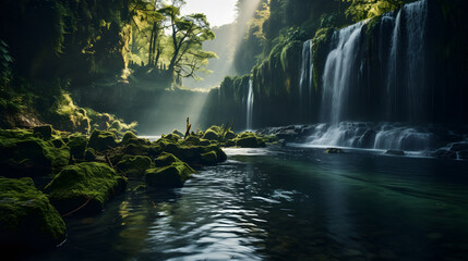A surreal photograph of a waterfall surrounded by a gradient of vibrant and lush greens, showcasing...