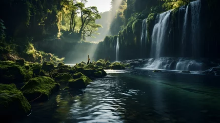 Stoff pro Meter A surreal photograph of a waterfall surrounded by a gradient of vibrant and lush greens, showcasing the harmonious beauty of nature's color palette. © CanvasPixelDreams