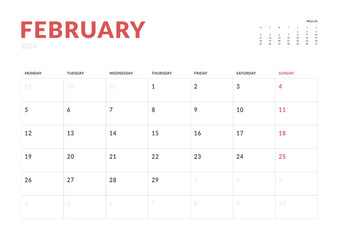 Monthly page Calendar Planner Templates of February 2024. Vector layout of simple calendar with week start Monday for print. Page for size A4 or 21x29.7 cm