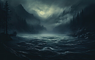 Fototapeta premium Storm over the ocean at the evening sky.