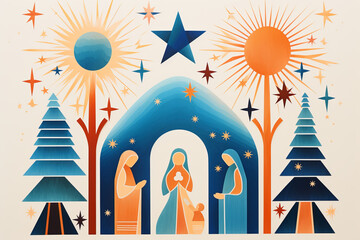 Christmas nativity scene colourful illustration design - obrazy, fototapety, plakaty