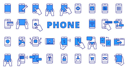 Phone in a hand icon set line design blue. Smartphone, Phone, phone icon, Call, NFC, Core, Contact, Screen, Message, Chat, Device vector illustrations. Supply chain editable stroke icons.
