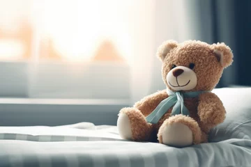 Fototapeten lonely teddy bear sit in bed in hospital © krissikunterbunt