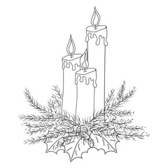Christmas candles with fir branches and holly. Lineart with thin lines. Vector.