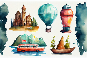 Set of travel illustrations on white as design elements. Various famous tourist attractions, illustration.