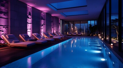 Swimming Pool with Blue and Pink Ambient Lighting in Hotel Spa