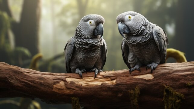A pair of grey parrots perched on a weathered tree stump, their poses suggesting a moment of shared contemplation.