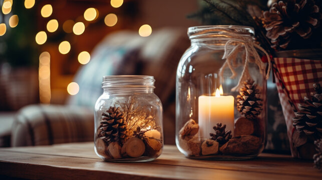 Cozy Christmas decor with candle in jar and pinecones.