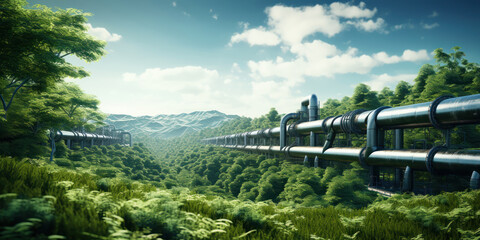 Green plant pipeline snakes through the landscape, a symbol of energy transition amidst nature's grandeur - obrazy, fototapety, plakaty