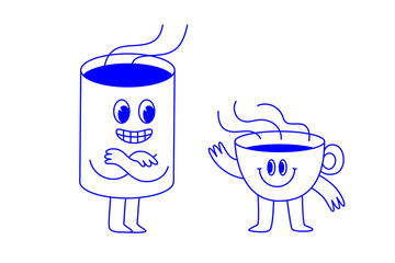 Vector logo design template and graphic elements for advertising, branding, posters and banners, funny cartoon illustrations with smiling character, coffee cup mascot, print and sticker