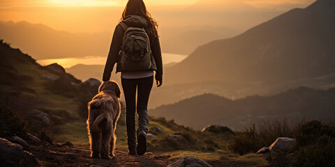 Woman and her dog tread a mountain trail, companions in the quest for sunrise