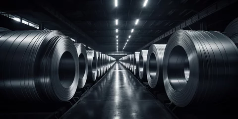 Rolgordijnen Steel coils rest in tall stacks, spirals of potential that glint in the industrial light © vectorizer88