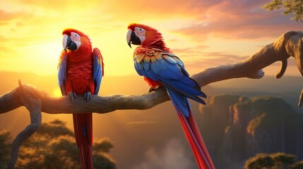 A pair of scarlet macaws perched on a sturdy branch, their plumage aglow in the soft light of a tropical sunset.