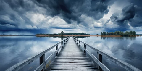 Foto op Plexiglas Wooden bridge with a cloud of blue and rain © vectorizer88