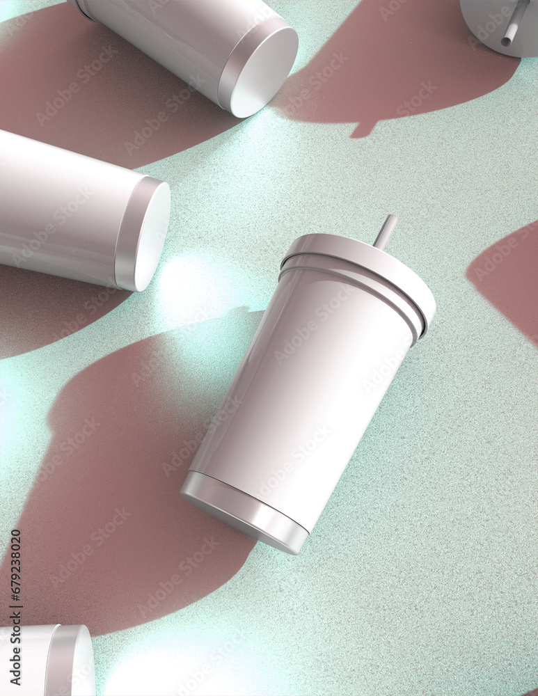 Poster a 3d rendering of a sleek and stylish tumbler with a simple yet tasteful and harmonious background d