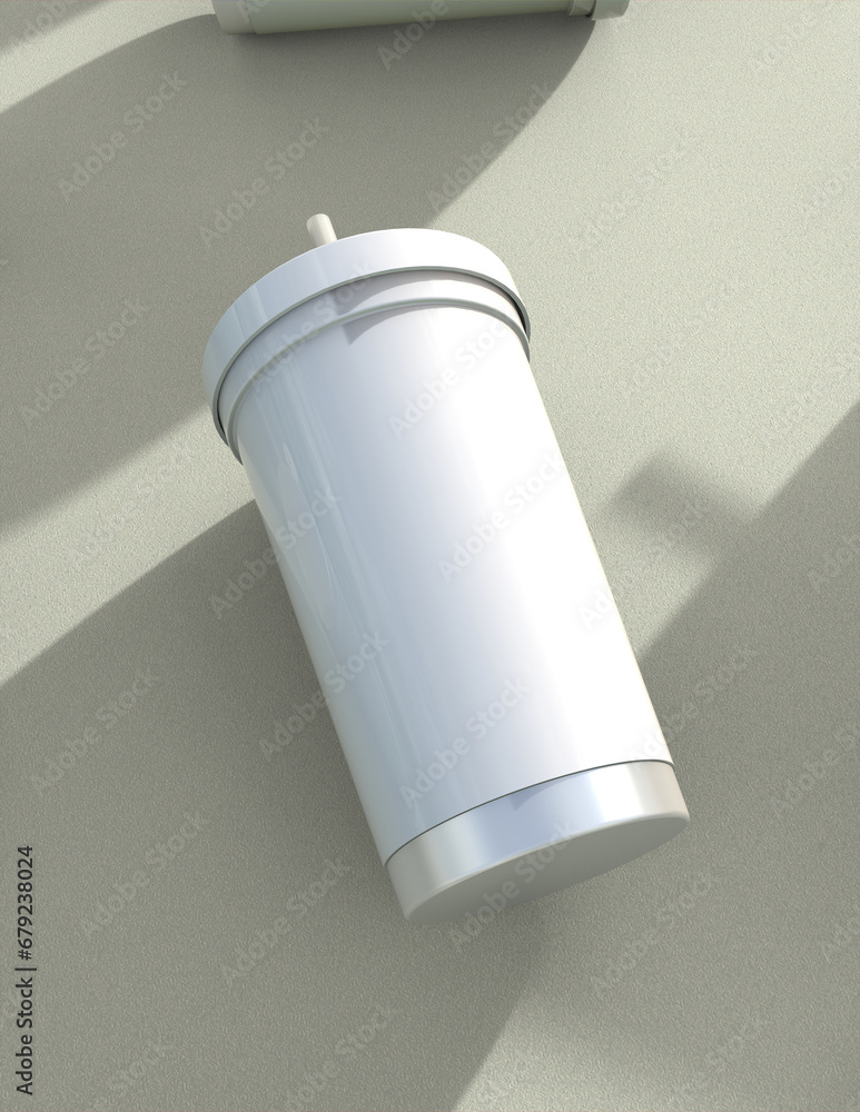 Poster a 3d rendering of a sleek and stylish tumbler with a simple yet tasteful and harmonious background d