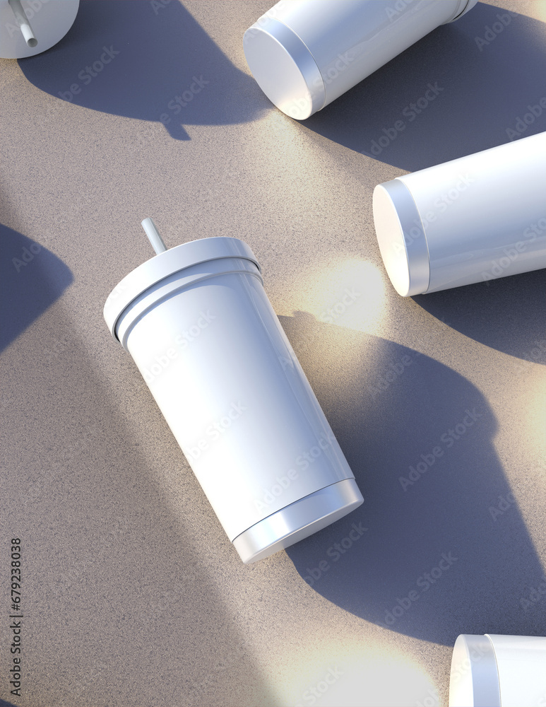 Poster a 3d rendering of a sleek and stylish tumbler with a simple yet tasteful and harmonious background d