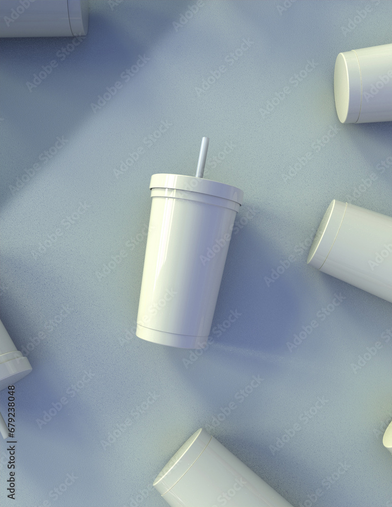 Poster a 3d rendering of a sleek and stylish tumbler with a simple yet tasteful and harmonious background d