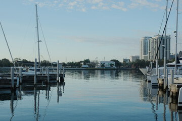 Looking south from Vinoy Park basin and boats  in St. Petersburg, Florida early morning sun toward...