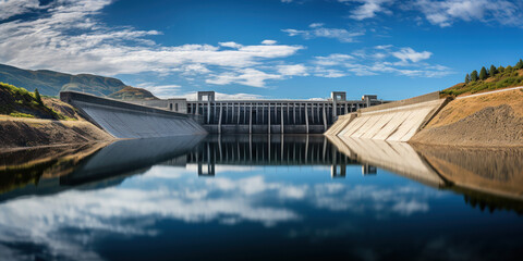 Lake reflects the sky, with the dam etching a firm line between the realms of water and land