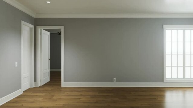 3D video animation of an empty apartment without furniture or decor.
