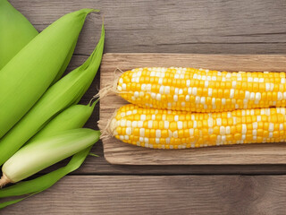 Top view fresh raw corn yellow plant on a dark-light table color green photo