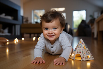 Baby in pajamas crawling on the warm wooden floor of his house