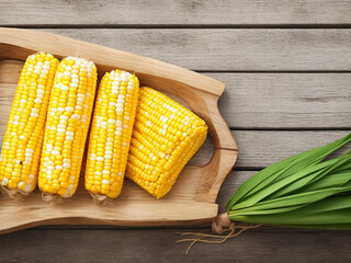 Top view fresh raw corn yellow plant on a dark-light table color green photo