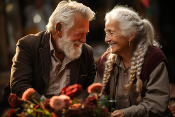 Middle aged couple looking into each other s eyes and smiling next to some flowers