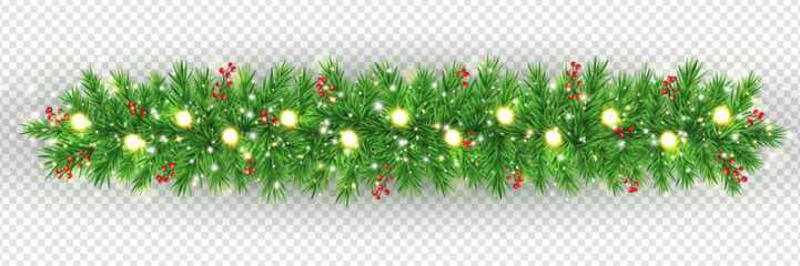 Christmas decoration with green fir branches. Holiday garland. Xmas tree with glitter light, golden stars and red berries. Evergreen plant frame. Winter background. New Year card. Vector illustration